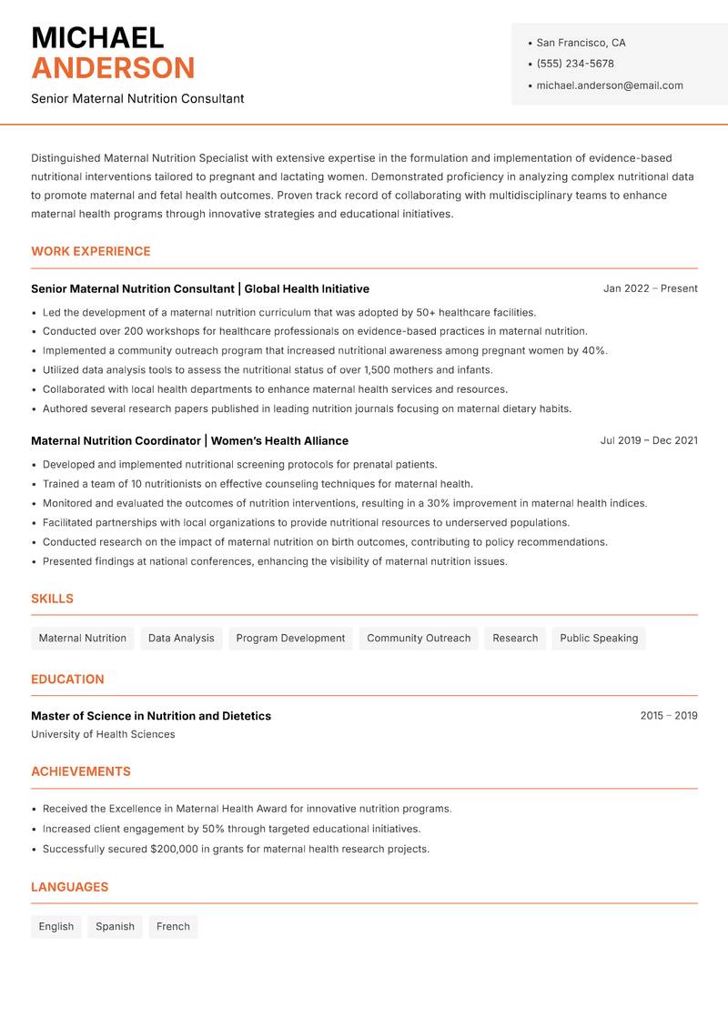 Maternal Nutrition Specialist resume template — Modern Professional