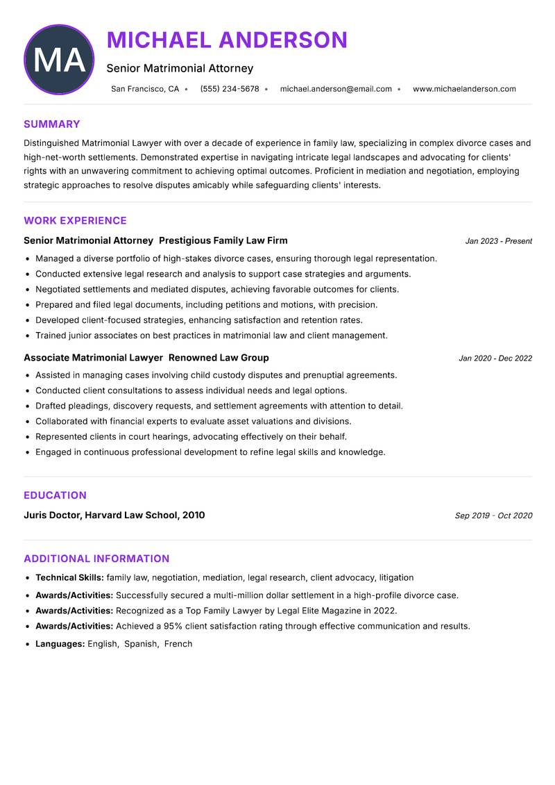 Matrimonial Lawyer resume example — ATS-friendly template