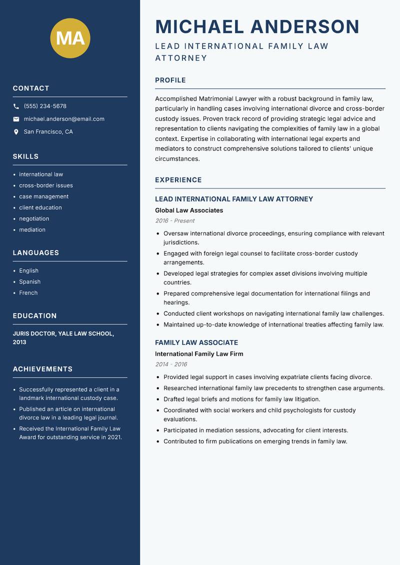 Matrimonial Lawyer resume template — Classic Clean