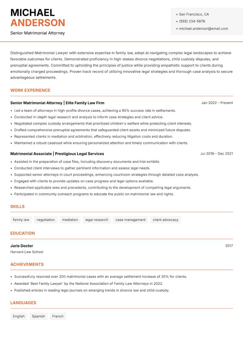 Matrimonial Lawyer resume template — Modern Professional