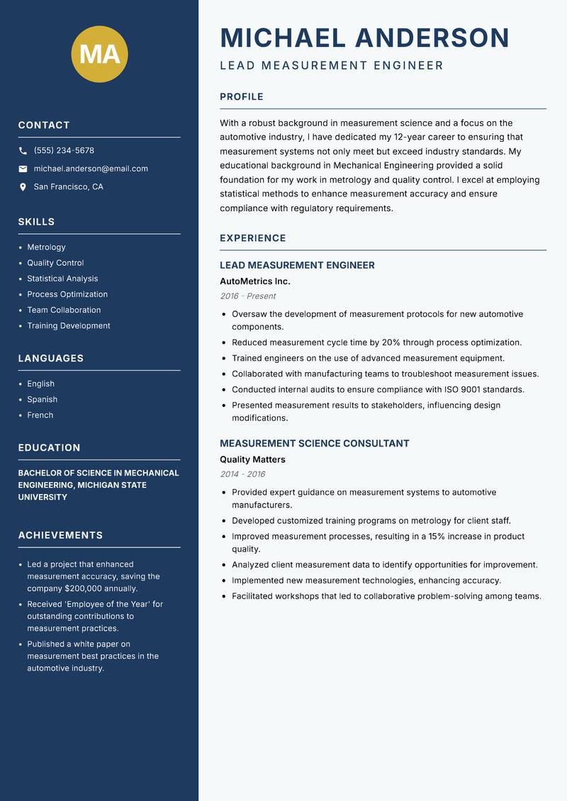 Measurement Science Specialist resume template — Classic Clean