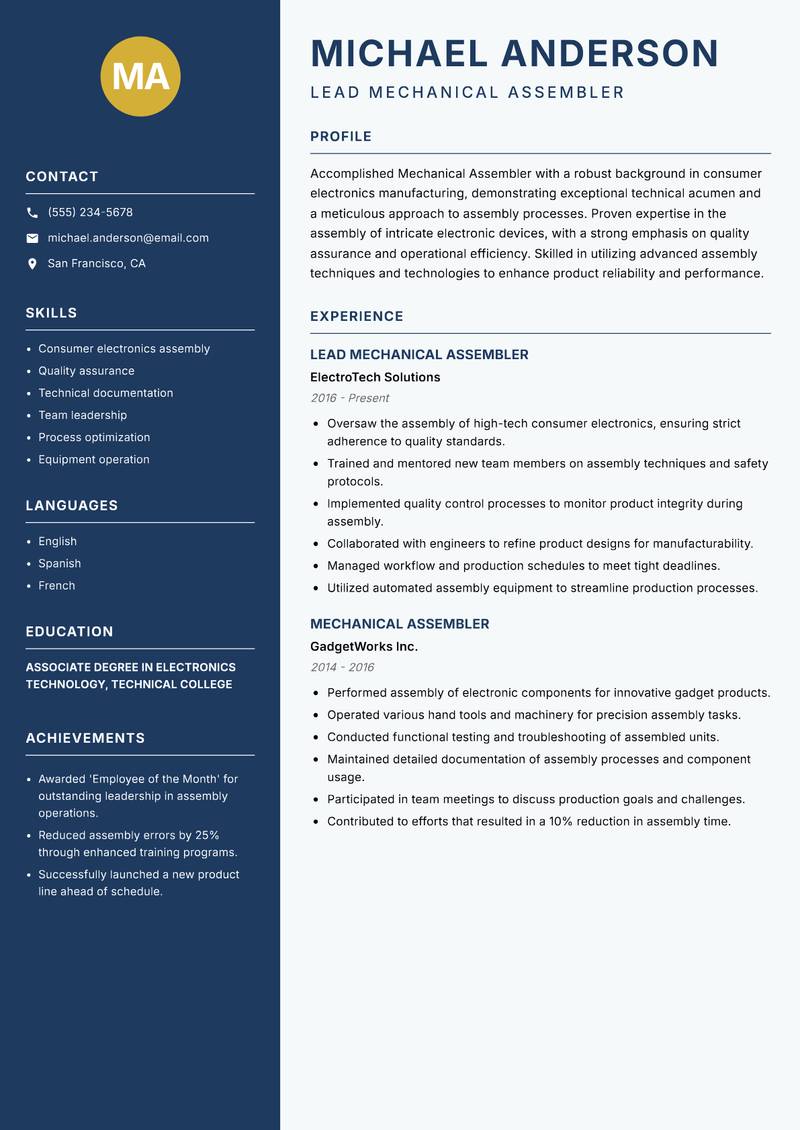 Mechanical Assembler resume template — Classic Clean