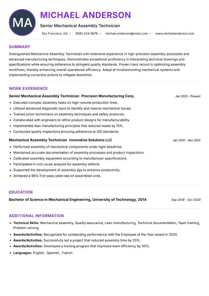Mechanical Assembly Technician resume example — ATS-friendly template