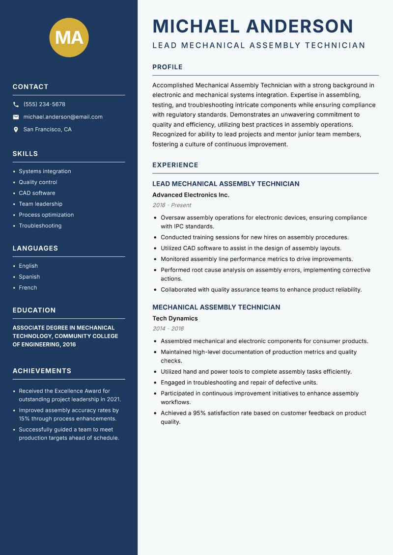 Mechanical Assembly Technician resume template — Classic Clean