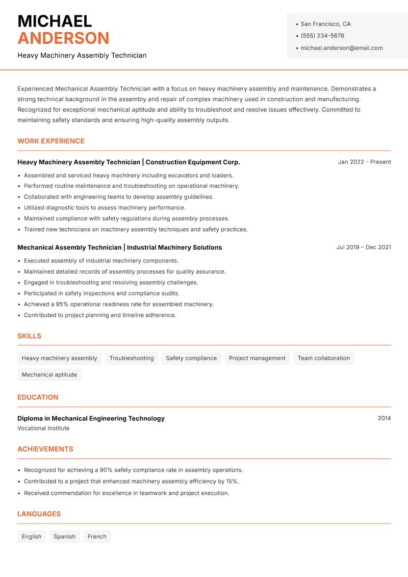 Mechanical Assembly Technician resume template — Modern Professional