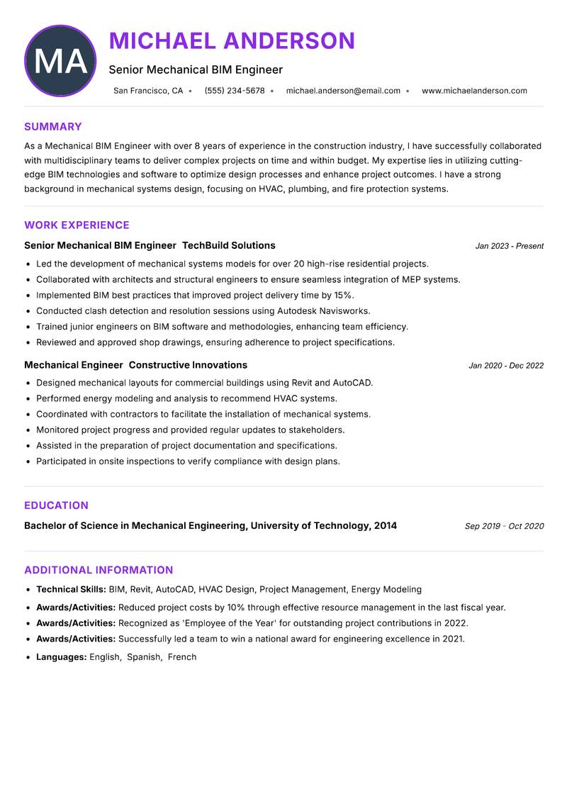 Mechanical BIM Engineer resume example — ATS-friendly template