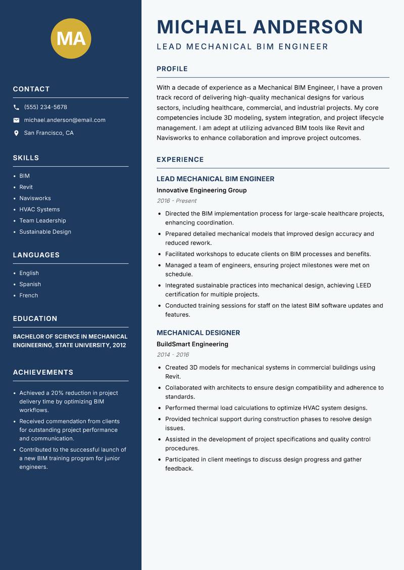 Mechanical BIM Engineer resume template — Classic Clean