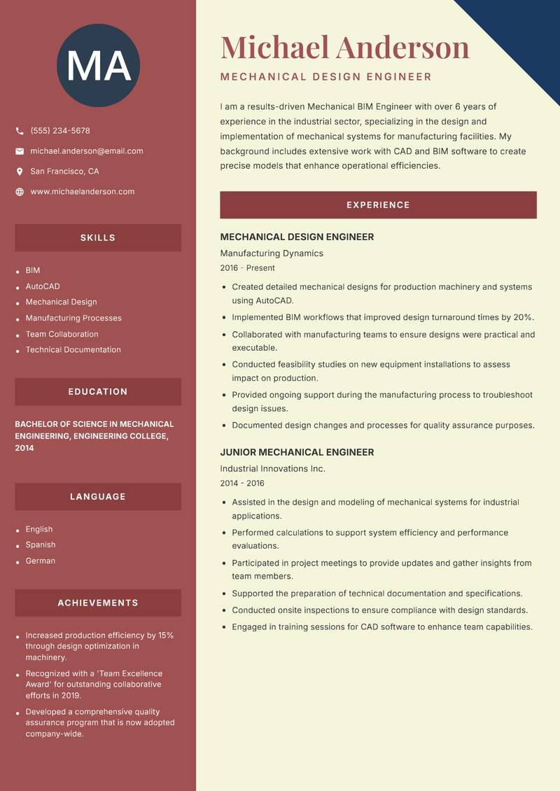 Mechanical BIM Engineer resume template — Two Column