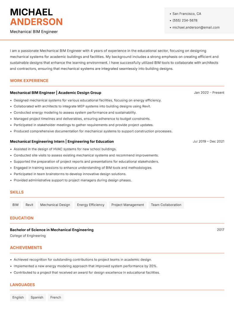 Mechanical BIM Engineer resume template — Modern Professional