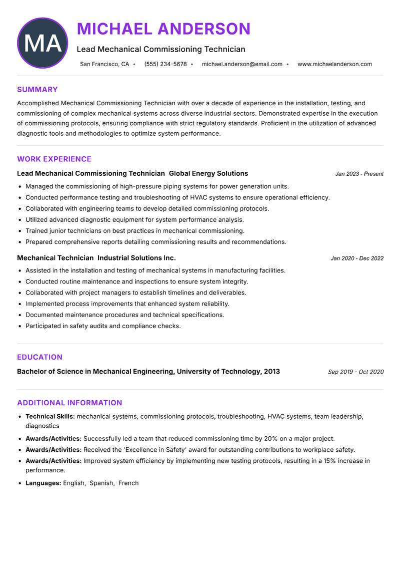 Mechanical Commissioning Technician resume example — ATS-friendly template