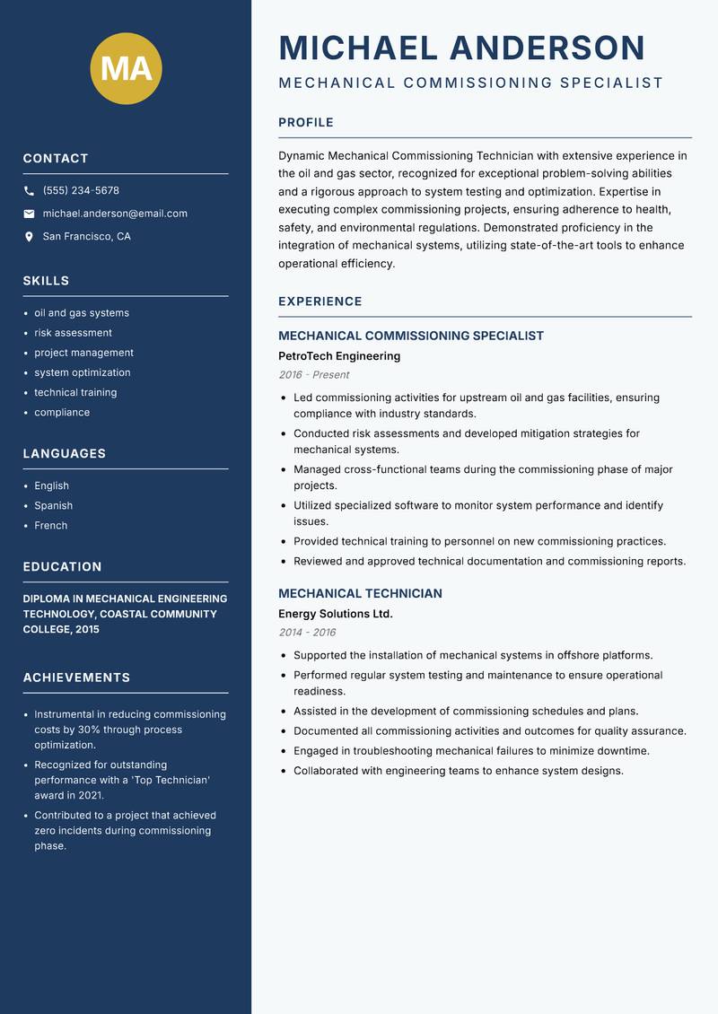 Mechanical Commissioning Technician resume template — Classic Clean