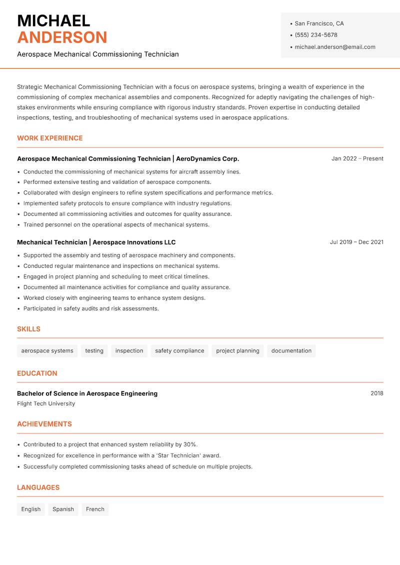 Mechanical Commissioning Technician resume template — Modern Professional