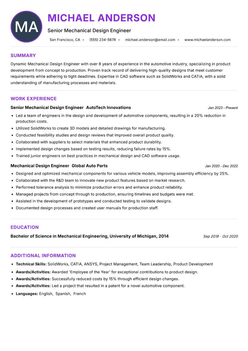 Mechanical Design Engineer resume example — ATS-friendly template