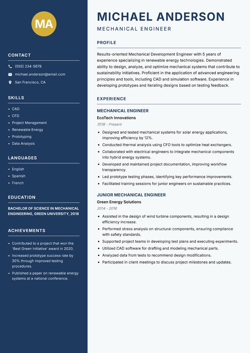 Mechanical Development Engineer resume template — Classic Clean