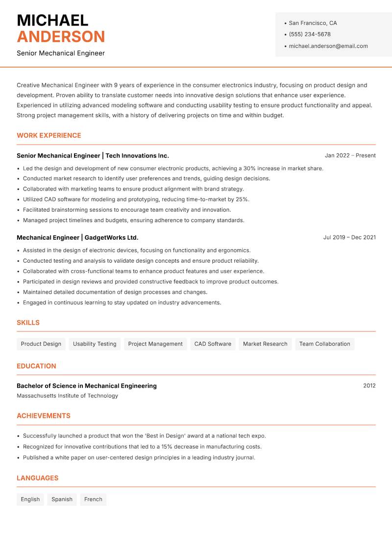Mechanical Engineer resume template — Modern Professional