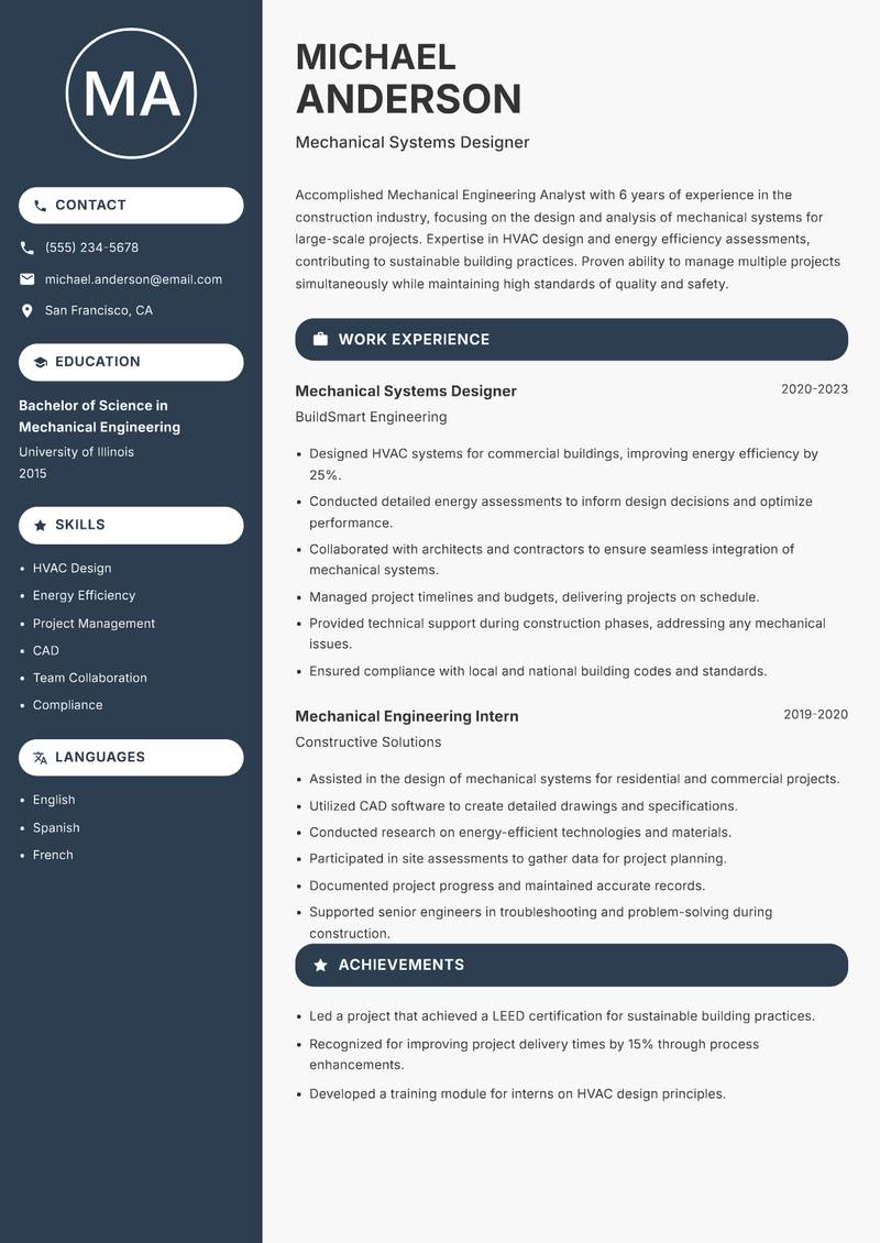 Mechanical Engineering Analyst resume template — Compact