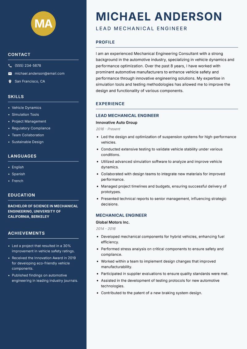 Mechanical Engineering Consultant resume template — Classic Clean