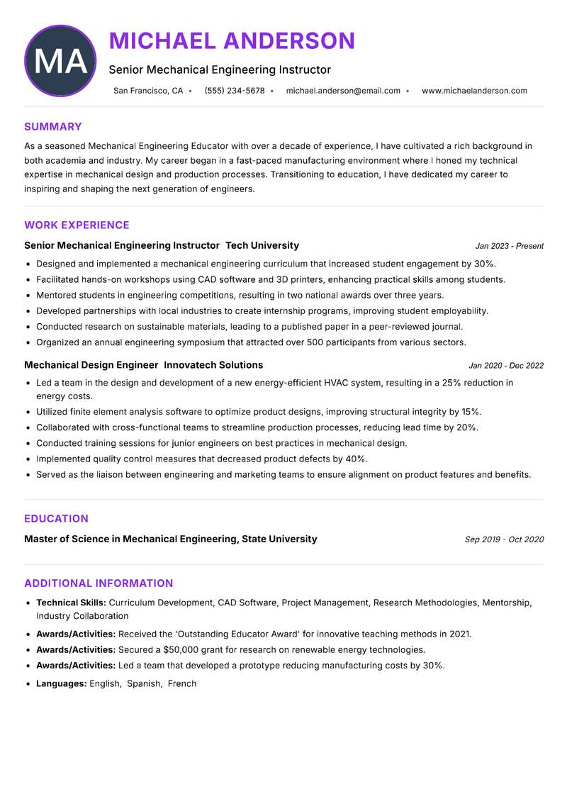 Mechanical Engineering Educator resume example — ATS-friendly template