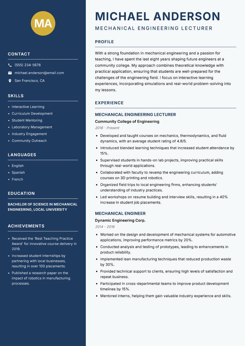 Mechanical Engineering Educator resume template — Classic Clean