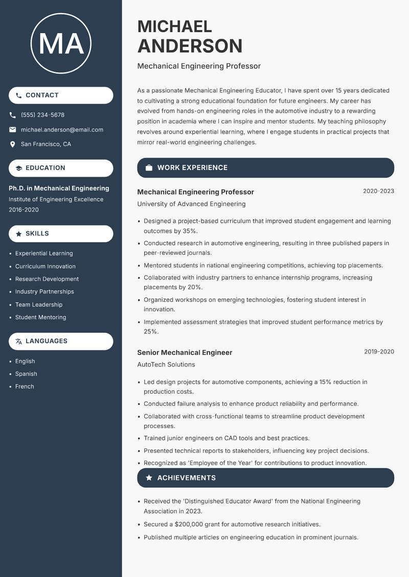 Mechanical Engineering Educator resume template — Compact