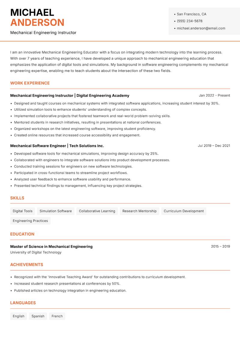 Mechanical Engineering Educator resume template — Modern Professional