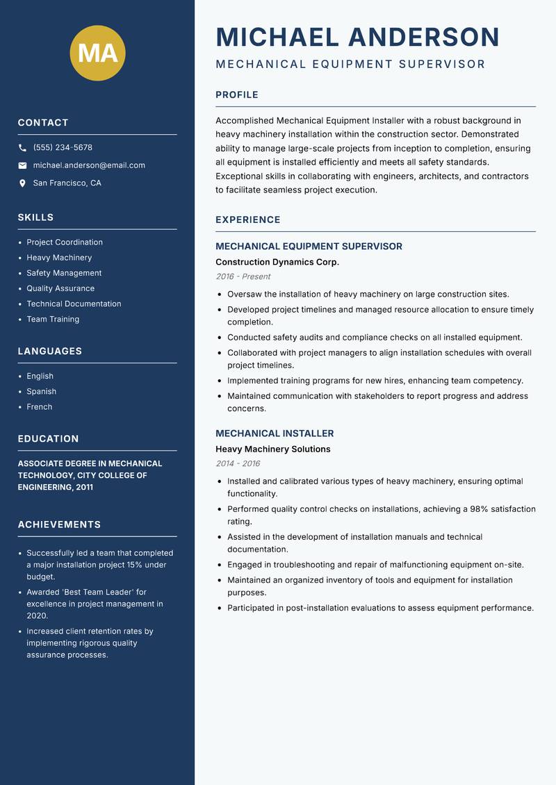 Mechanical Equipment Installer resume template — Classic Clean