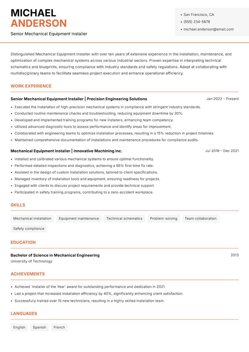 Mechanical Equipment Installer resume template — Modern Professional
