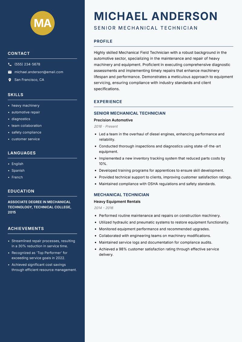 Mechanical Field Technician resume template — Classic Clean