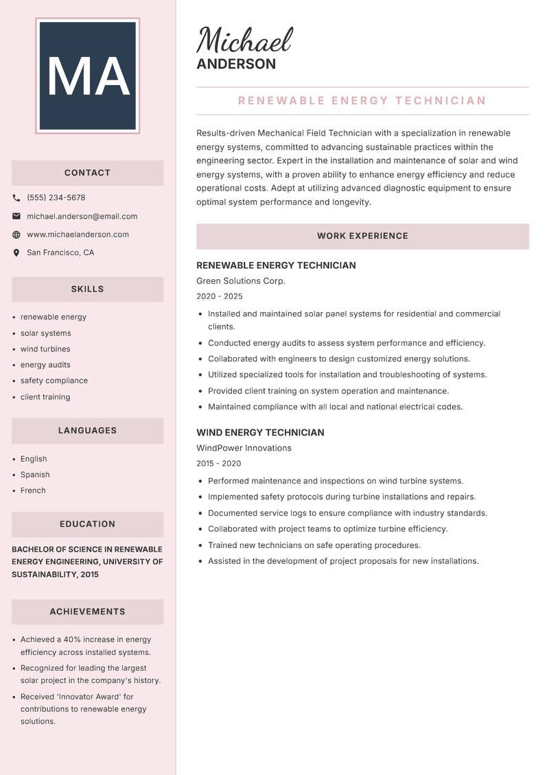 Mechanical Field Technician resume template — Executive