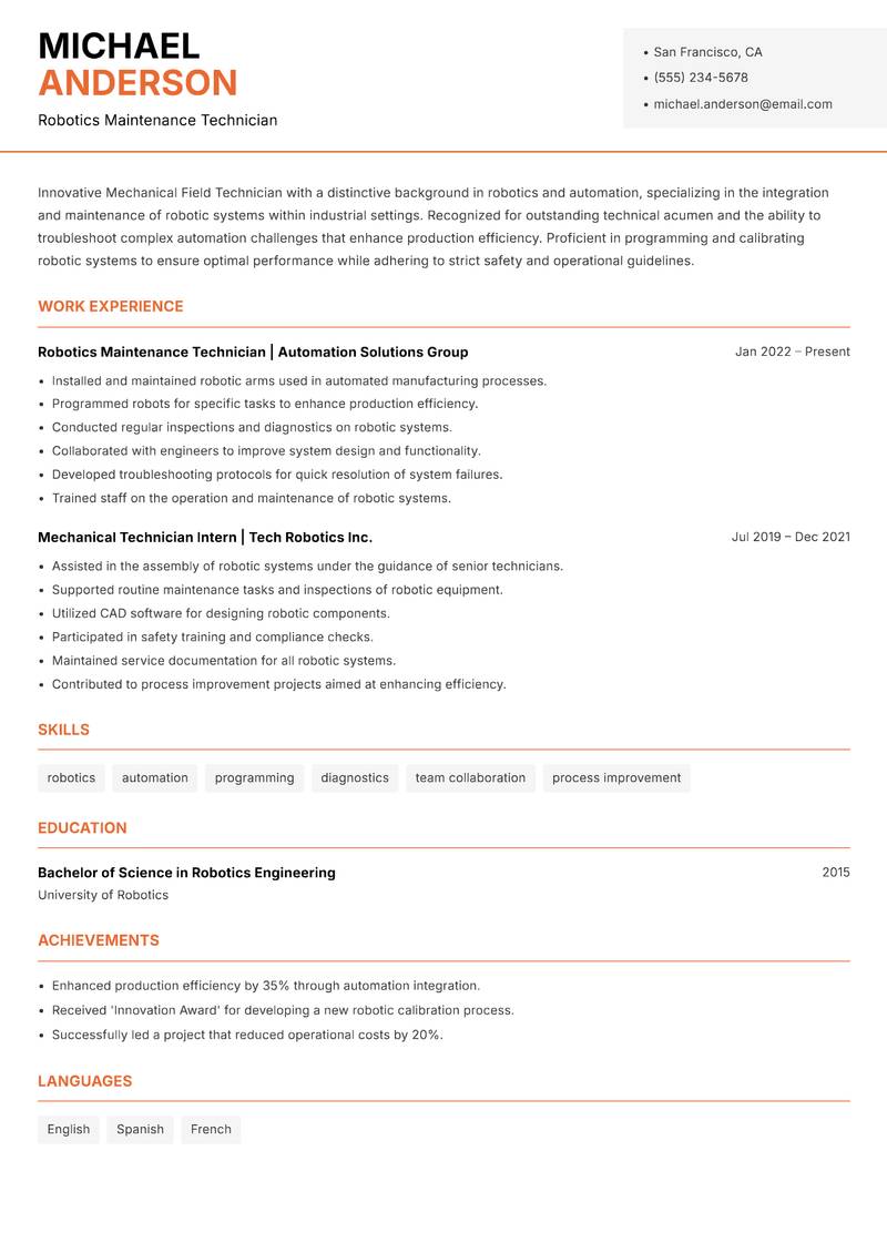 Mechanical Field Technician resume template — Modern Professional