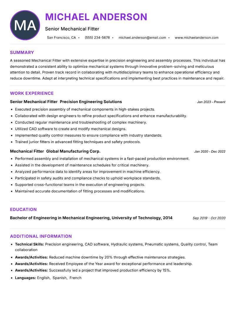 Mechanical Fitter resume example — ATS-friendly template