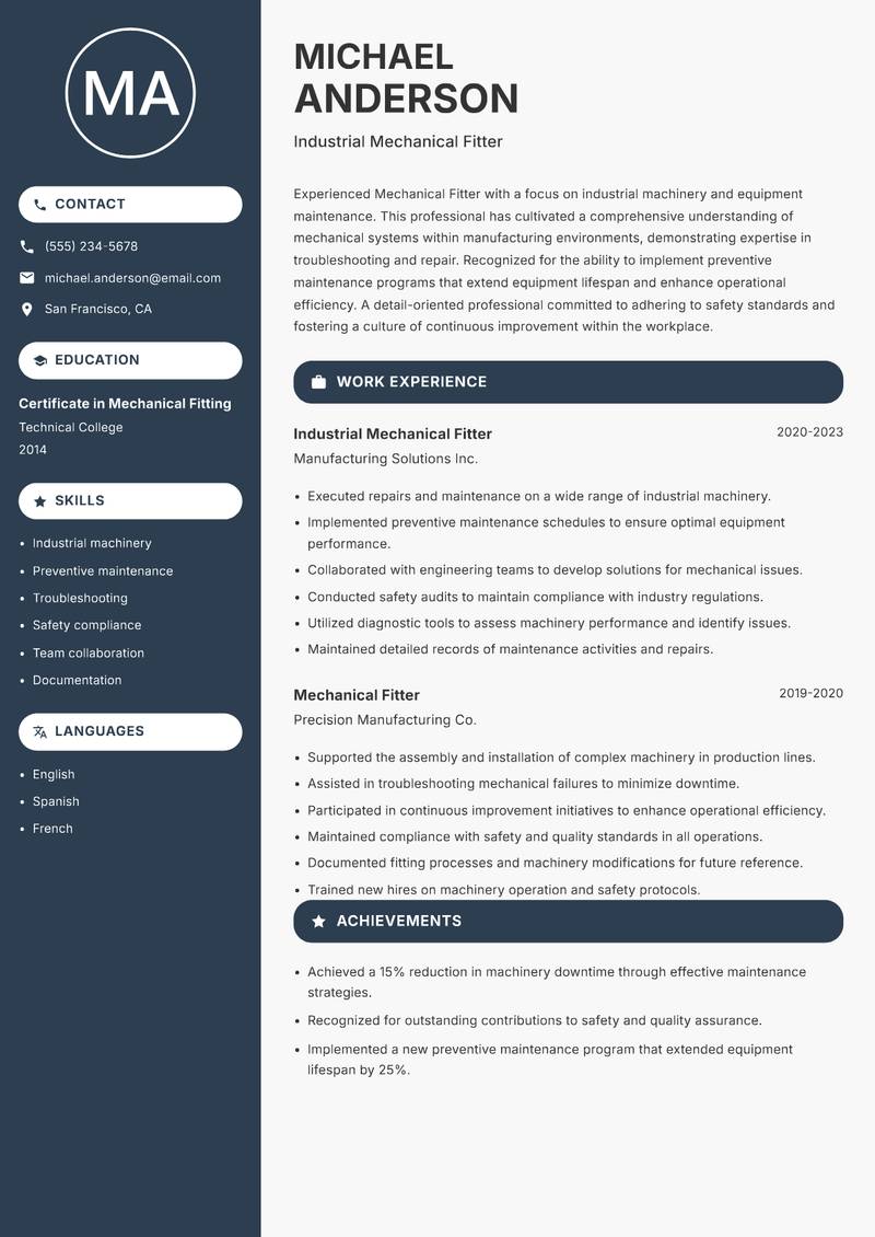 Mechanical Fitter resume template — Compact