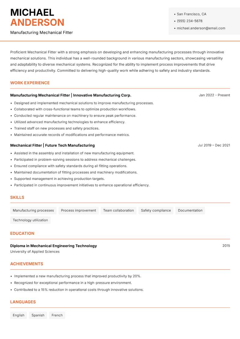 Mechanical Fitter resume template — Modern Professional