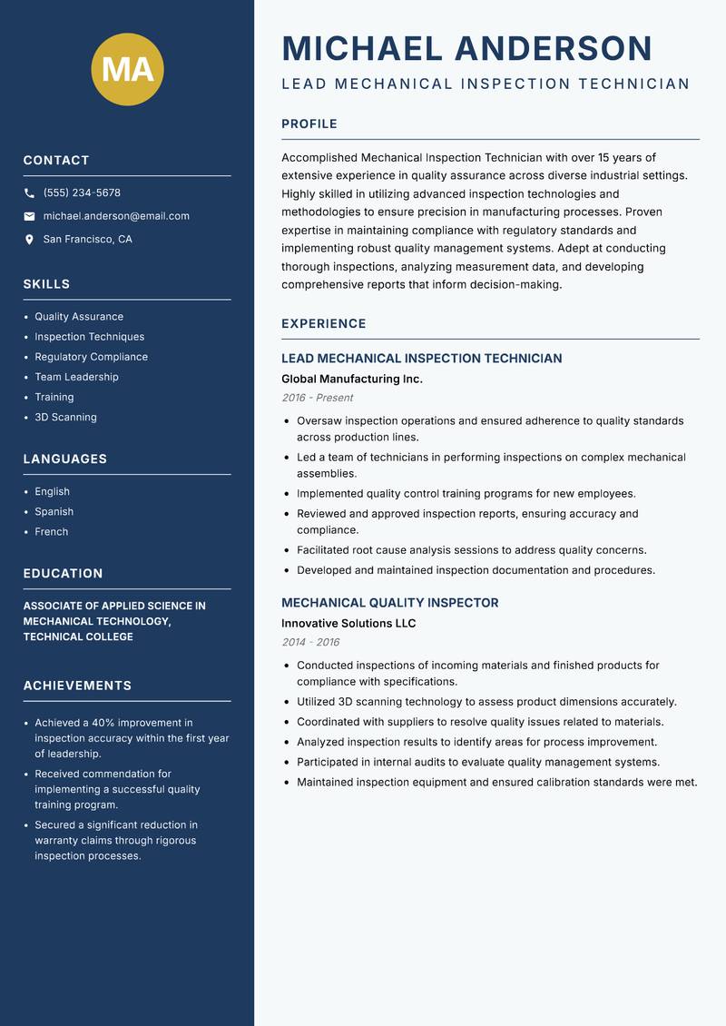 Mechanical Inspection Technician resume template — Classic Clean