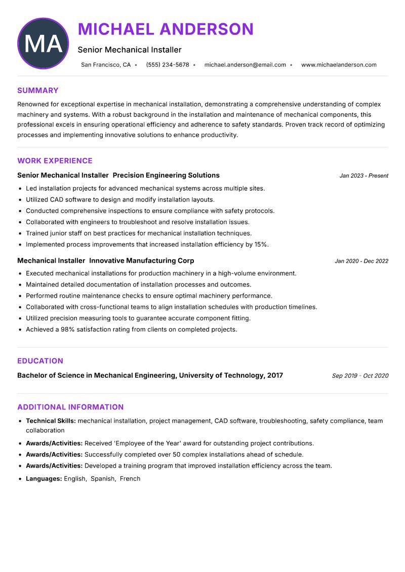 Mechanical Installer resume example — ATS-friendly template