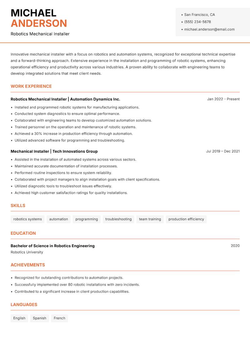 Mechanical Installer resume template — Modern Professional