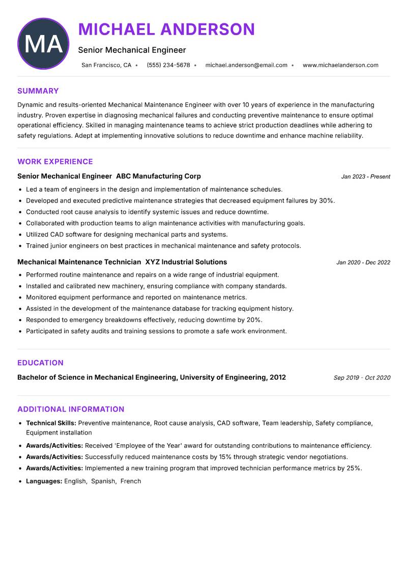 Mechanical Maintenance Engineer resume example — ATS-friendly template