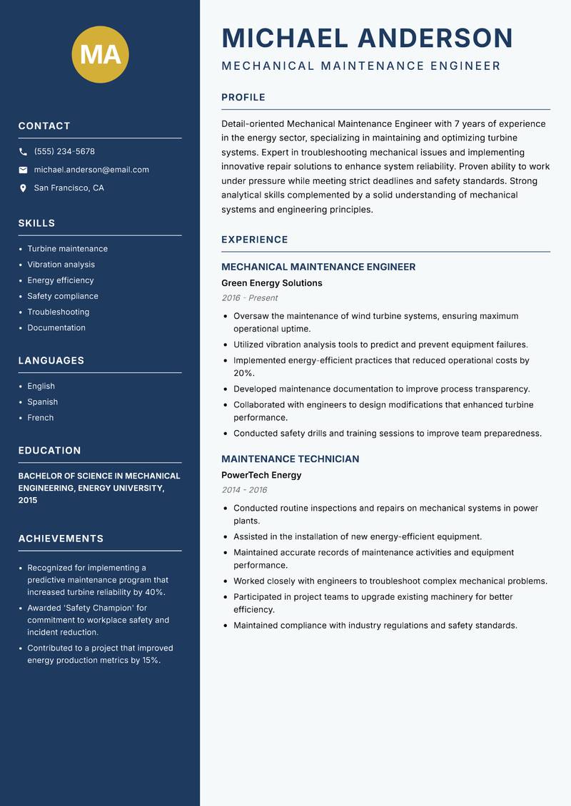 Mechanical Maintenance Engineer resume template — Classic Clean