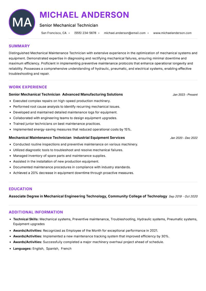 Mechanical Maintenance Technician resume example — ATS-friendly template