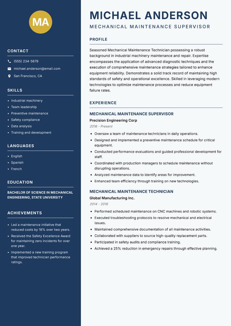 Mechanical Maintenance Technician resume template — Classic Clean
