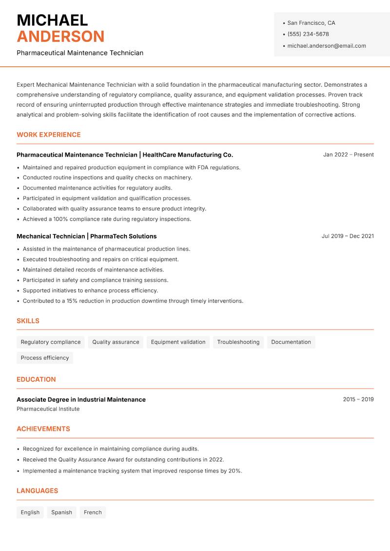 Mechanical Maintenance Technician resume template — Modern Professional
