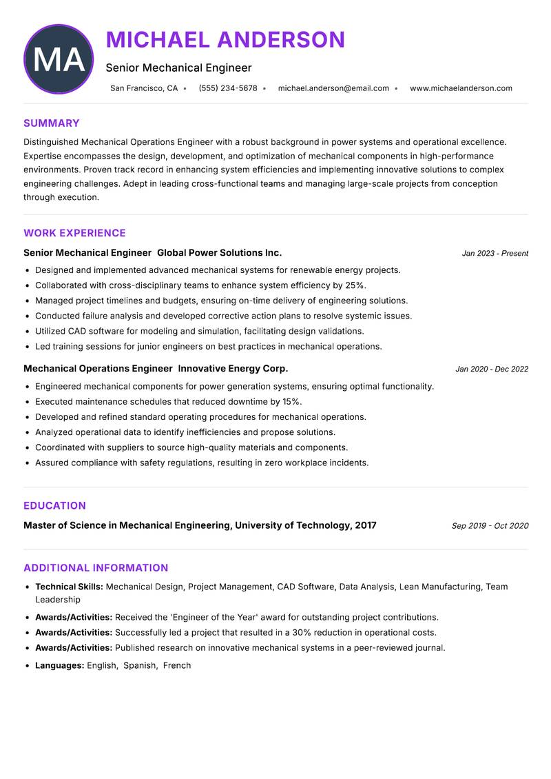 Mechanical Operations Engineer Power resume example — ATS-friendly template
