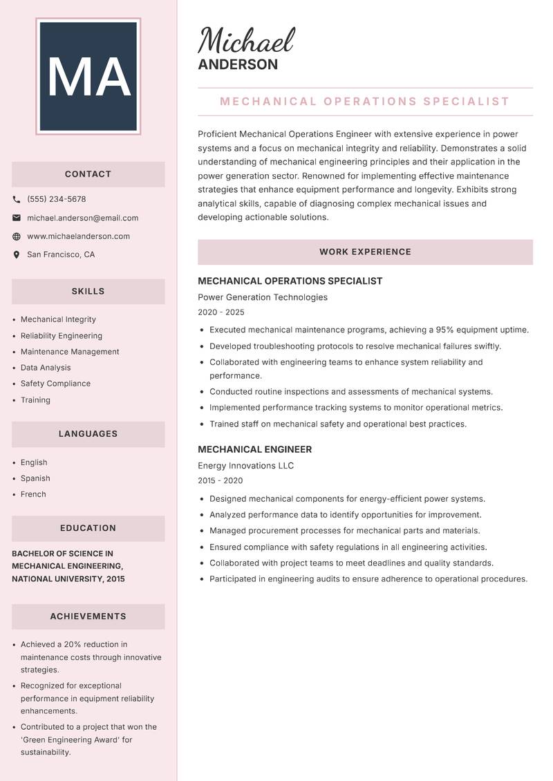 Mechanical Operations Engineer Power resume template — Executive