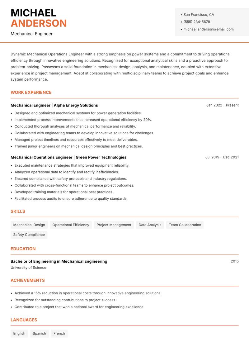 Mechanical Operations Engineer Power resume template — Modern Professional