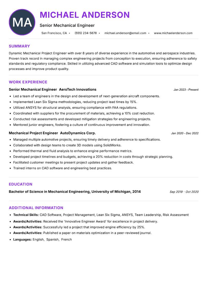 Mechanical Project Engineer resume example — ATS-friendly template