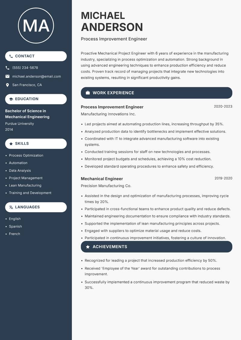 Mechanical Project Engineer resume template — Compact