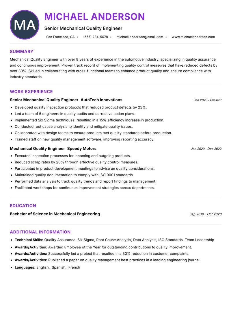 Mechanical Quality Engineer resume example — ATS-friendly template