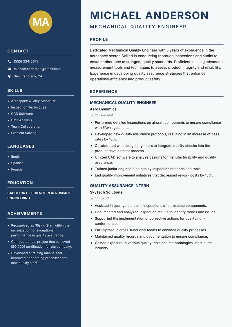Mechanical Quality Engineer resume template — Classic Clean