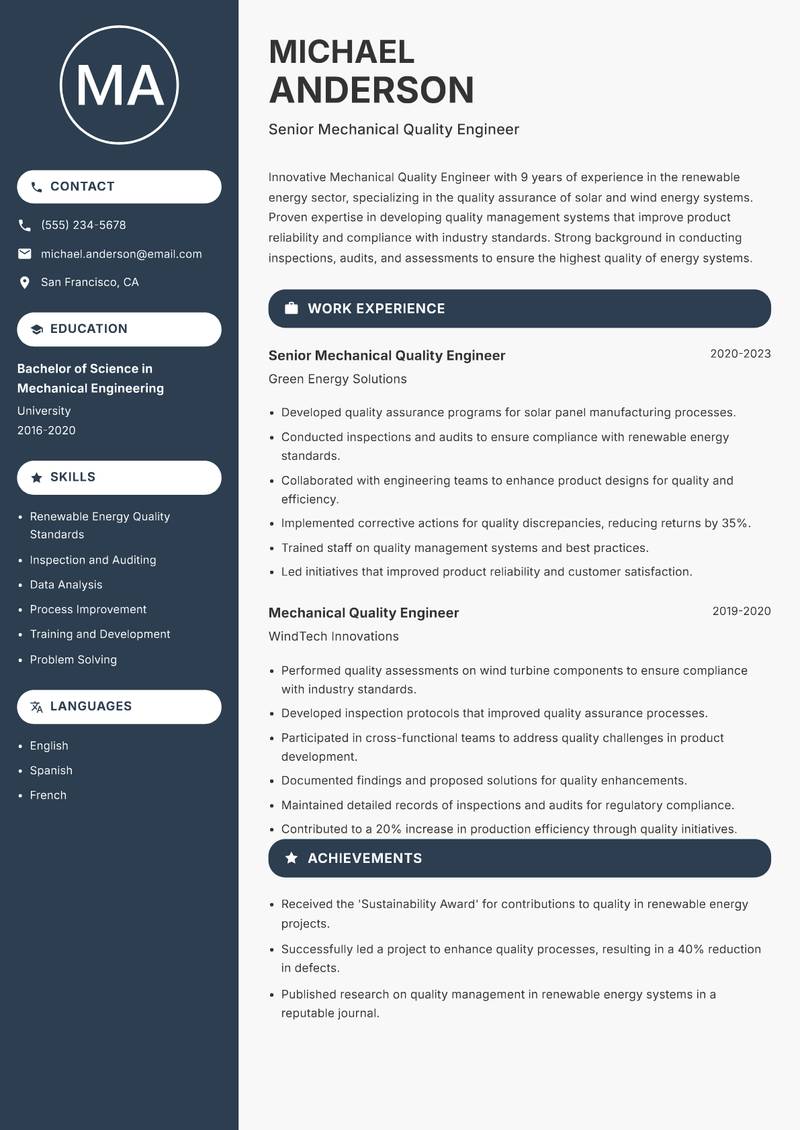 Mechanical Quality Engineer resume template — Compact