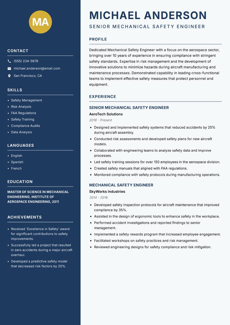 Mechanical Safety Engineer resume template — Classic Clean